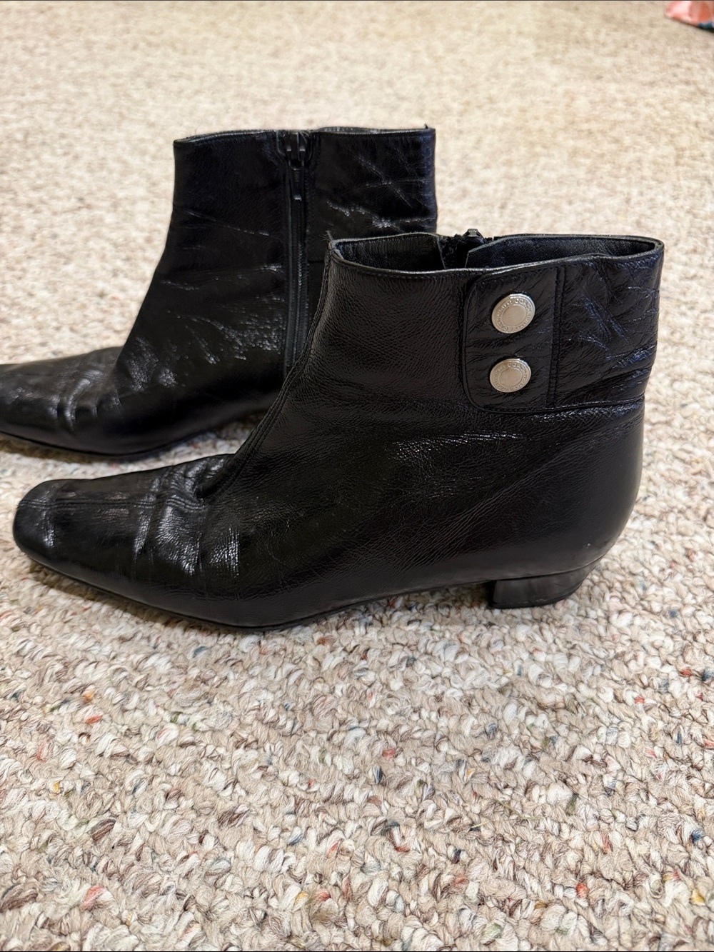 Coach Black Leather Ankle Booties with Metallic Button Accents